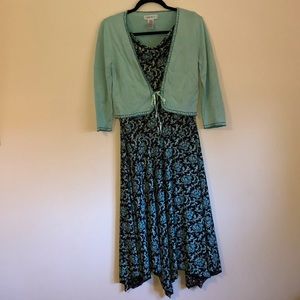 Paisley dress and aqua sweater with bead detail